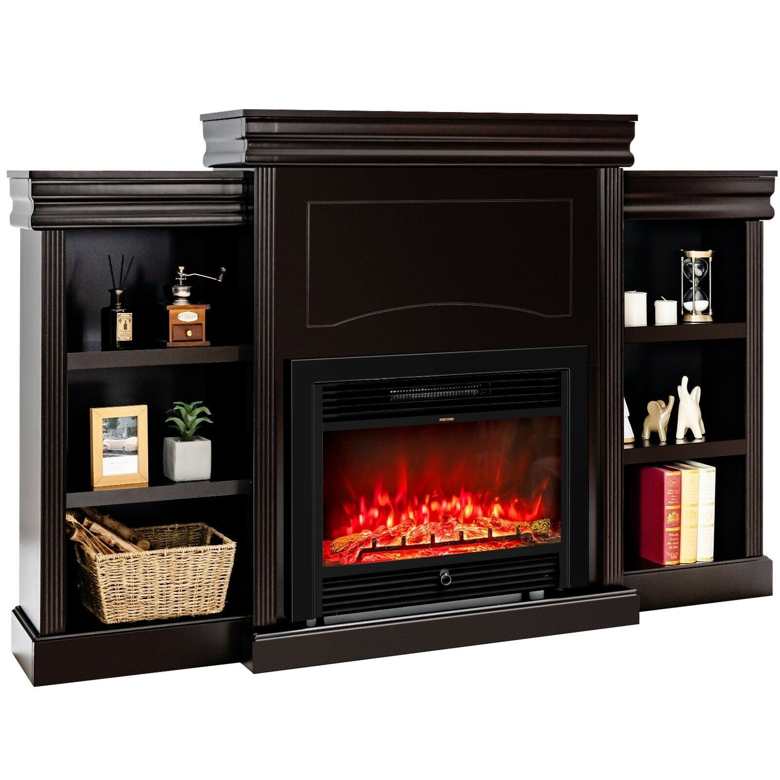 70 Inch Modern Fireplace Media Entertainment Center with Bookcase, Brown Entertainment Centers & TV Stands   at Gallery Canada