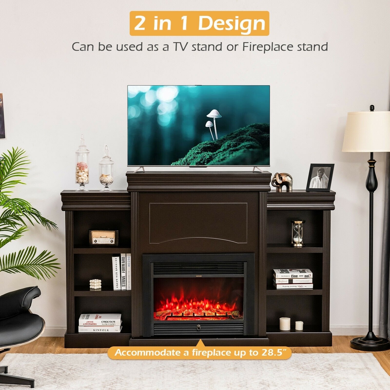 70 Inch Modern Fireplace Media Entertainment Center with Bookcase, Brown Entertainment Centers & TV Stands   at Gallery Canada