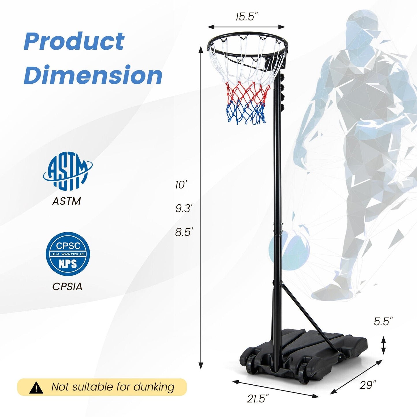 8.5 to 10 FT Adjustable Portable Basketball Hoop Stand with Fillable Base and 2 Wheels, Black Sport Equipments   at Gallery Canada