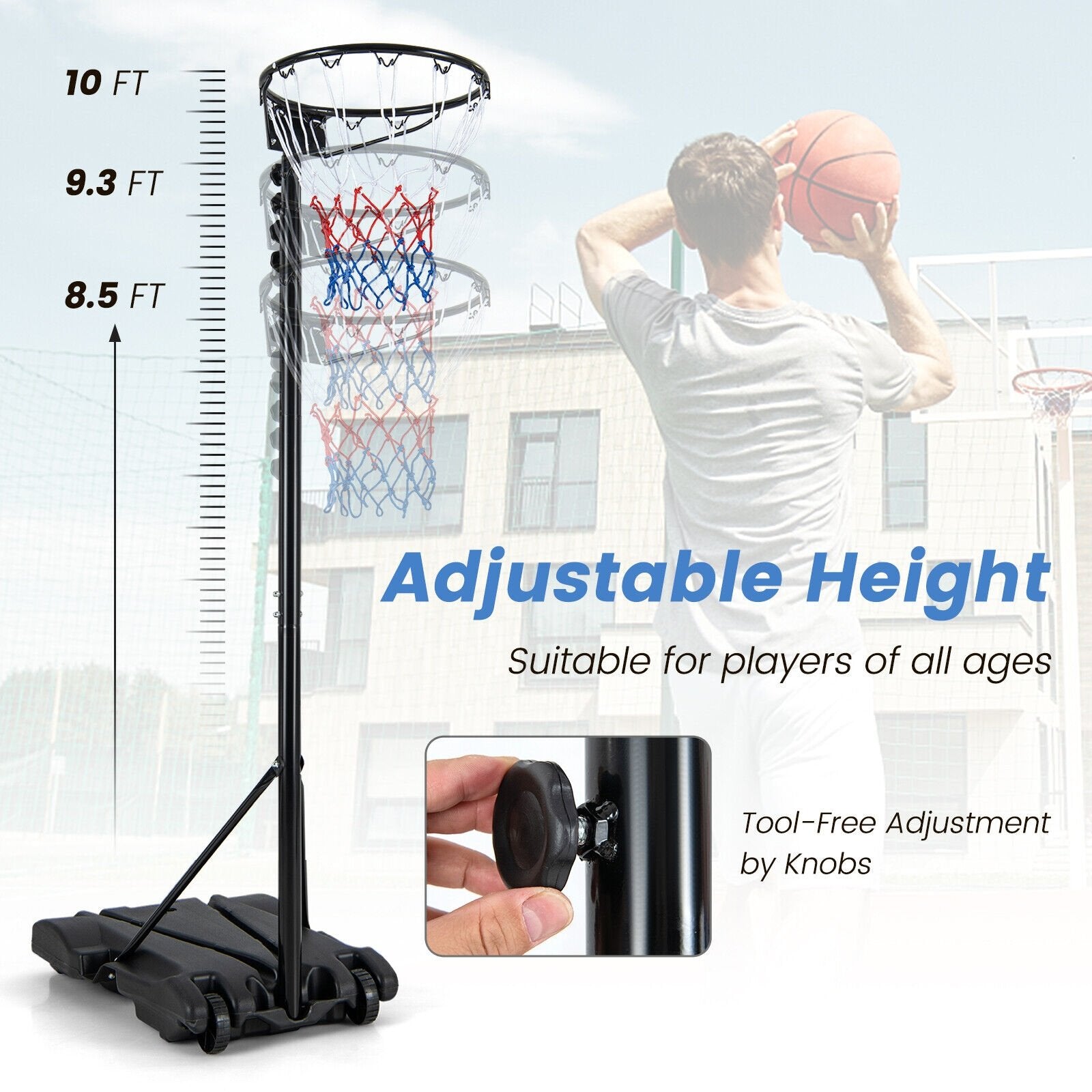 8.5 to 10 FT Adjustable Portable Basketball Hoop Stand with Fillable Base and 2 Wheels, Black Sport Equipments   at Gallery Canada