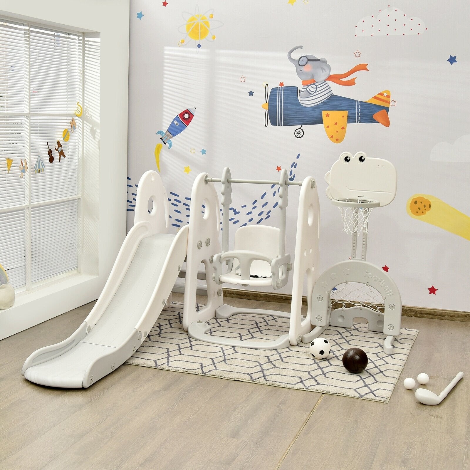 6 in 1 Toddler Slide and Swing Set with Ball Games, White Outdoor Play   at Gallery Canada