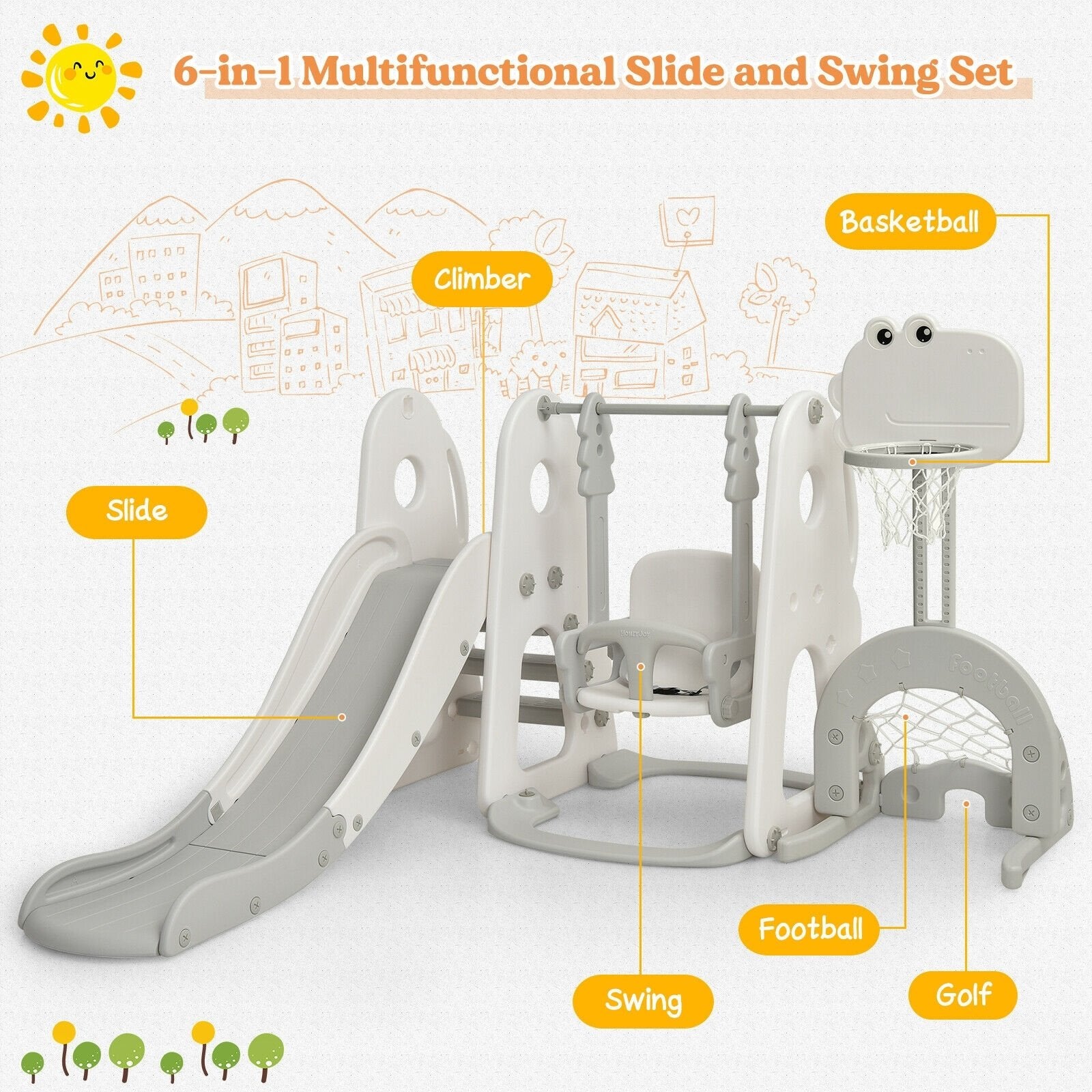 6 in 1 Toddler Slide and Swing Set with Ball Games, White Outdoor Play   at Gallery Canada