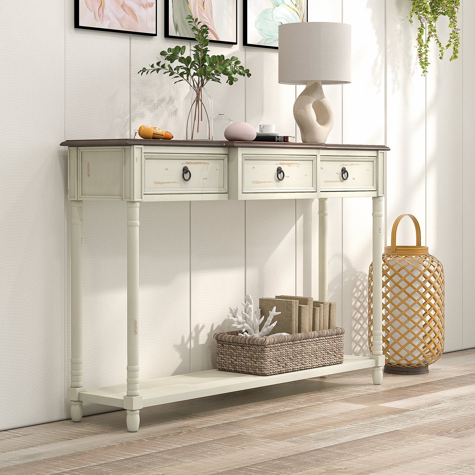 52 Inch Farmhouse Console Table with 3 Drawers and Open Storage Shelf for Hallway, Off White Console Tables   at Gallery Canada