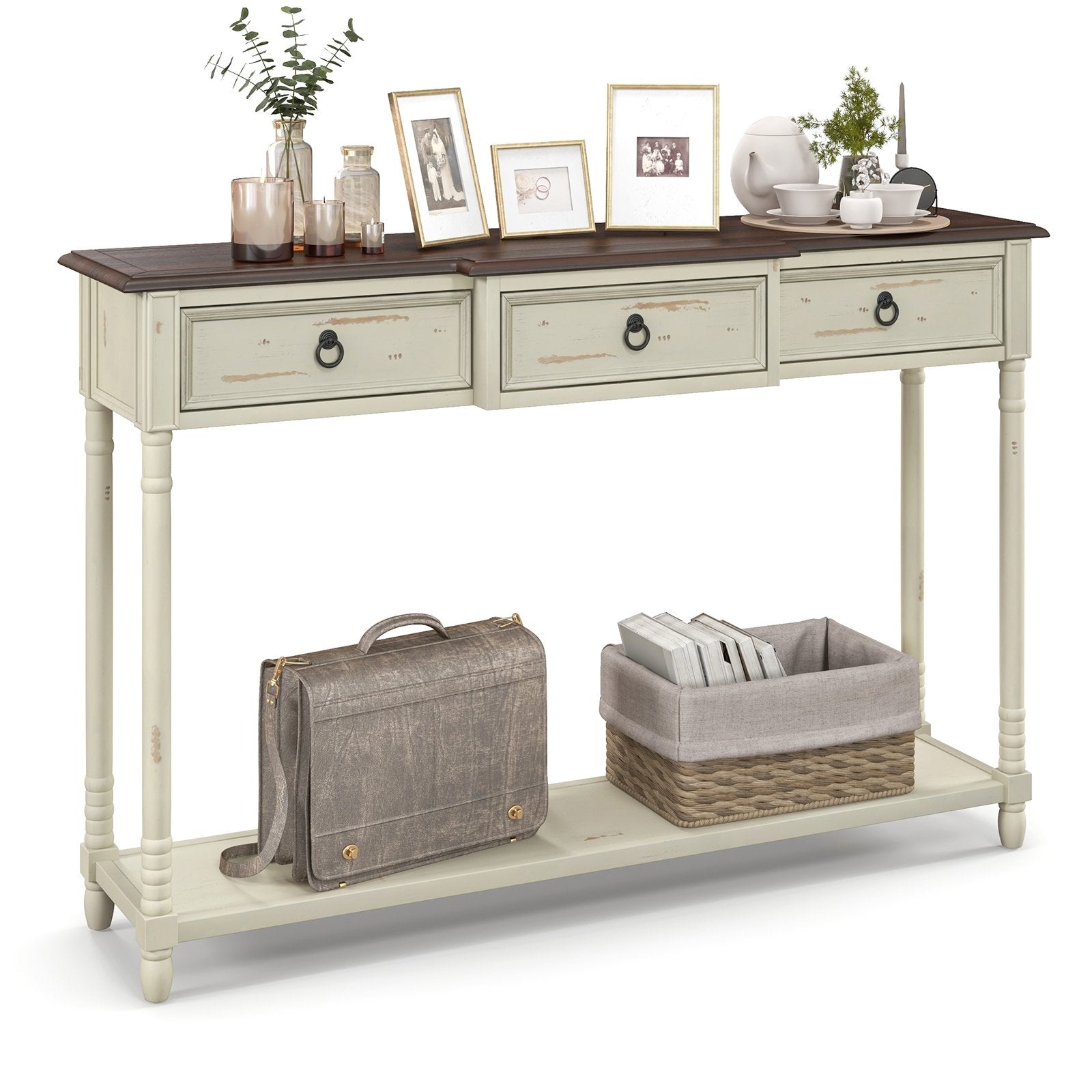 52 Inch Farmhouse Console Table with 3 Drawers and Open Storage Shelf for Hallway, Off White Console Tables   at Gallery Canada