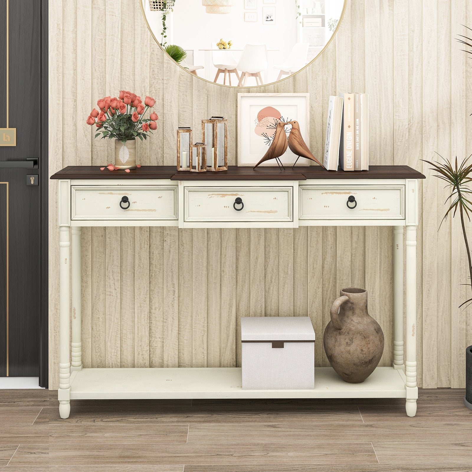 52 Inch Farmhouse Console Table with 3 Drawers and Open Storage Shelf for Hallway, Off White Console Tables   at Gallery Canada