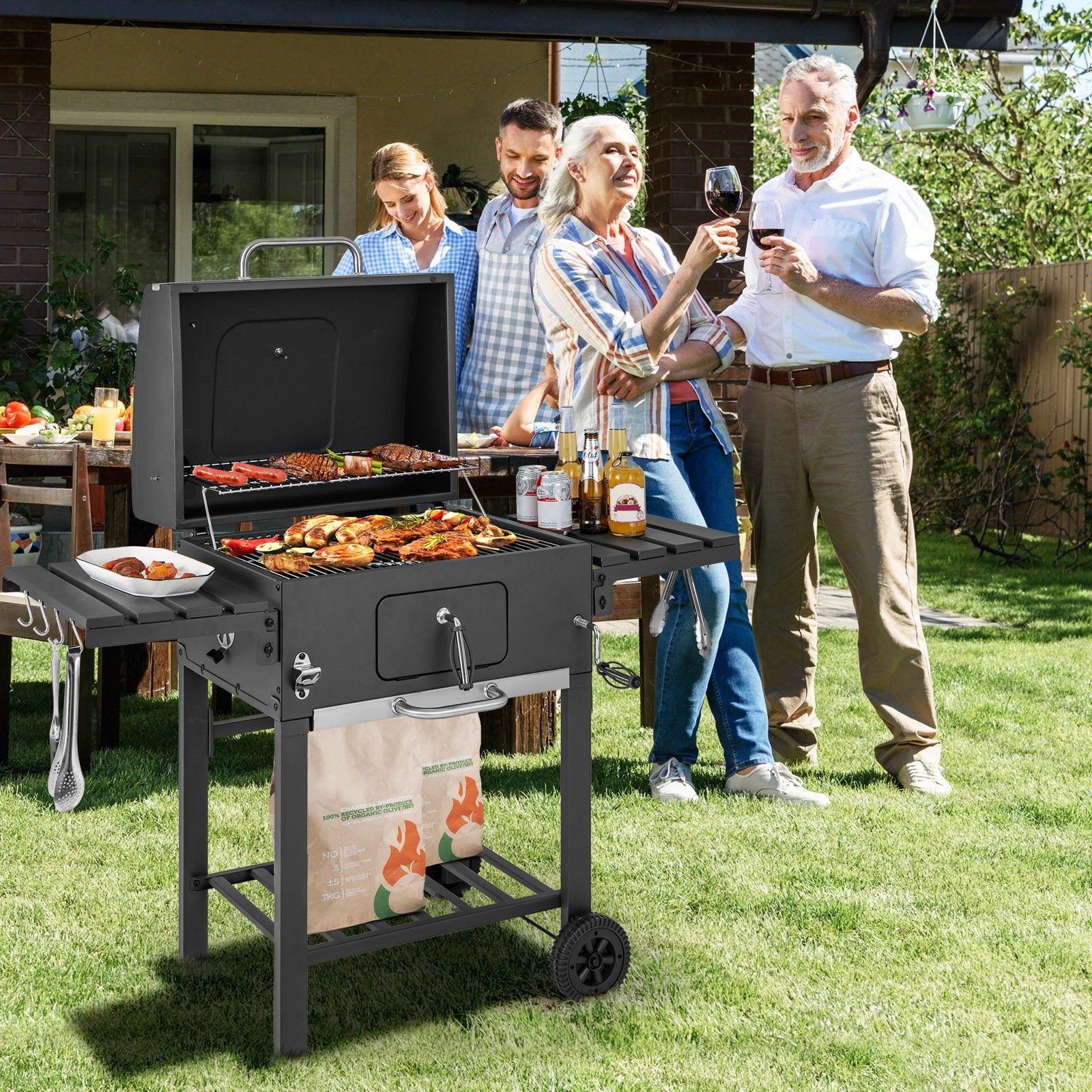 Outdoor BBQ Charcoal Grill with 2 Foldable Side Table and Wheels, Black Outdoor Grills at Gallery Canada