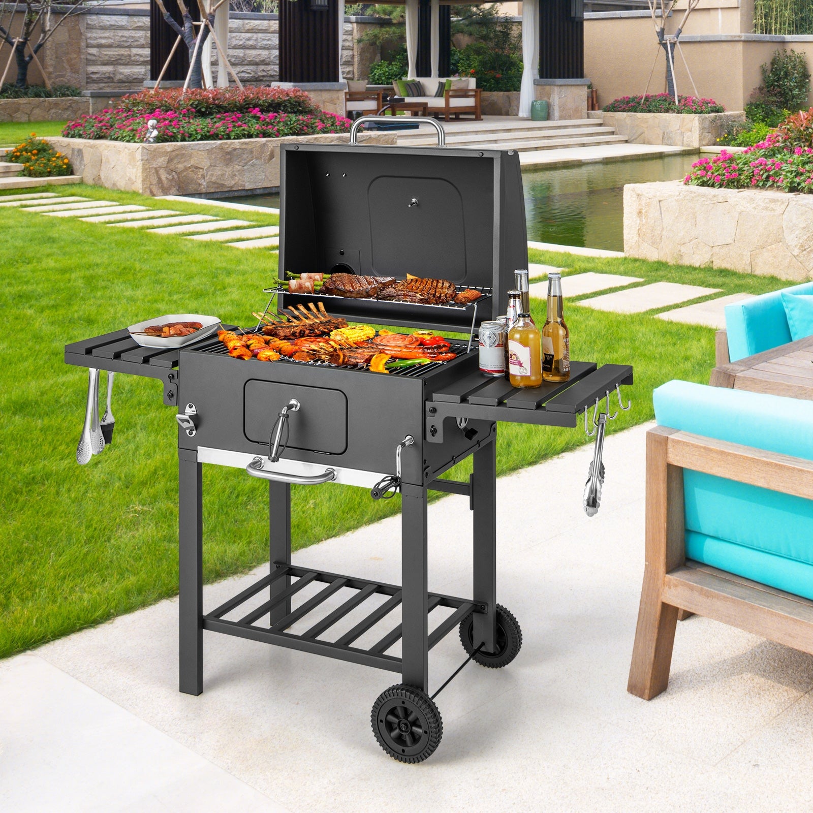Outdoor BBQ Charcoal Grill with 2 Foldable Side Table and Wheels, Black Outdoor Grills at Gallery Canada