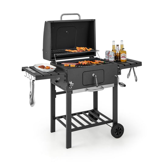 Outdoor BBQ Charcoal Grill with 2 Foldable Side Table and Wheels, Black - Gallery Canada