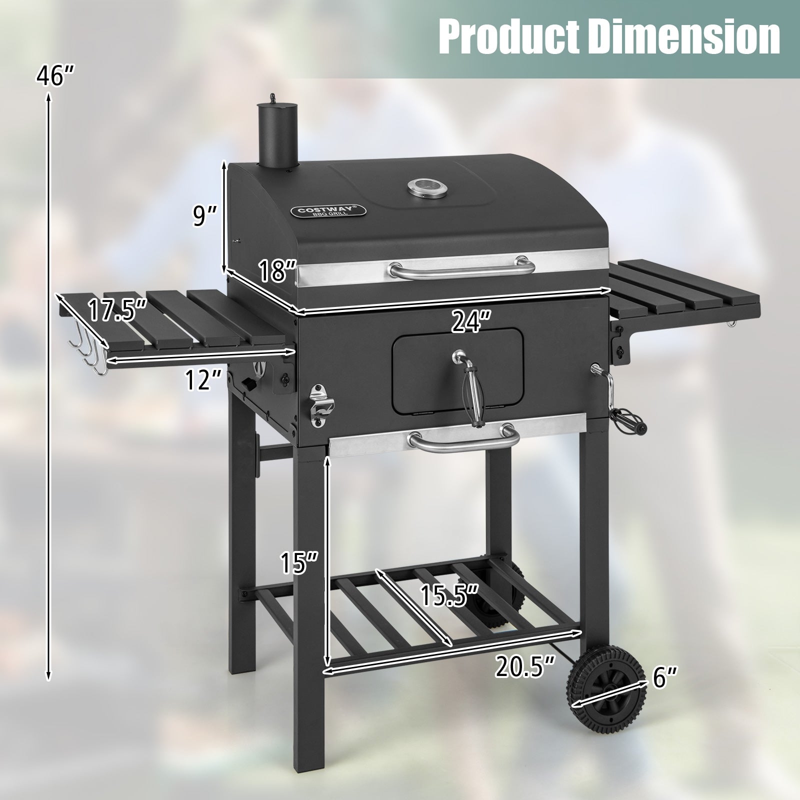 Outdoor BBQ Charcoal Grill with 2 Foldable Side Table and Wheels, Black Outdoor Grills at Gallery Canada
