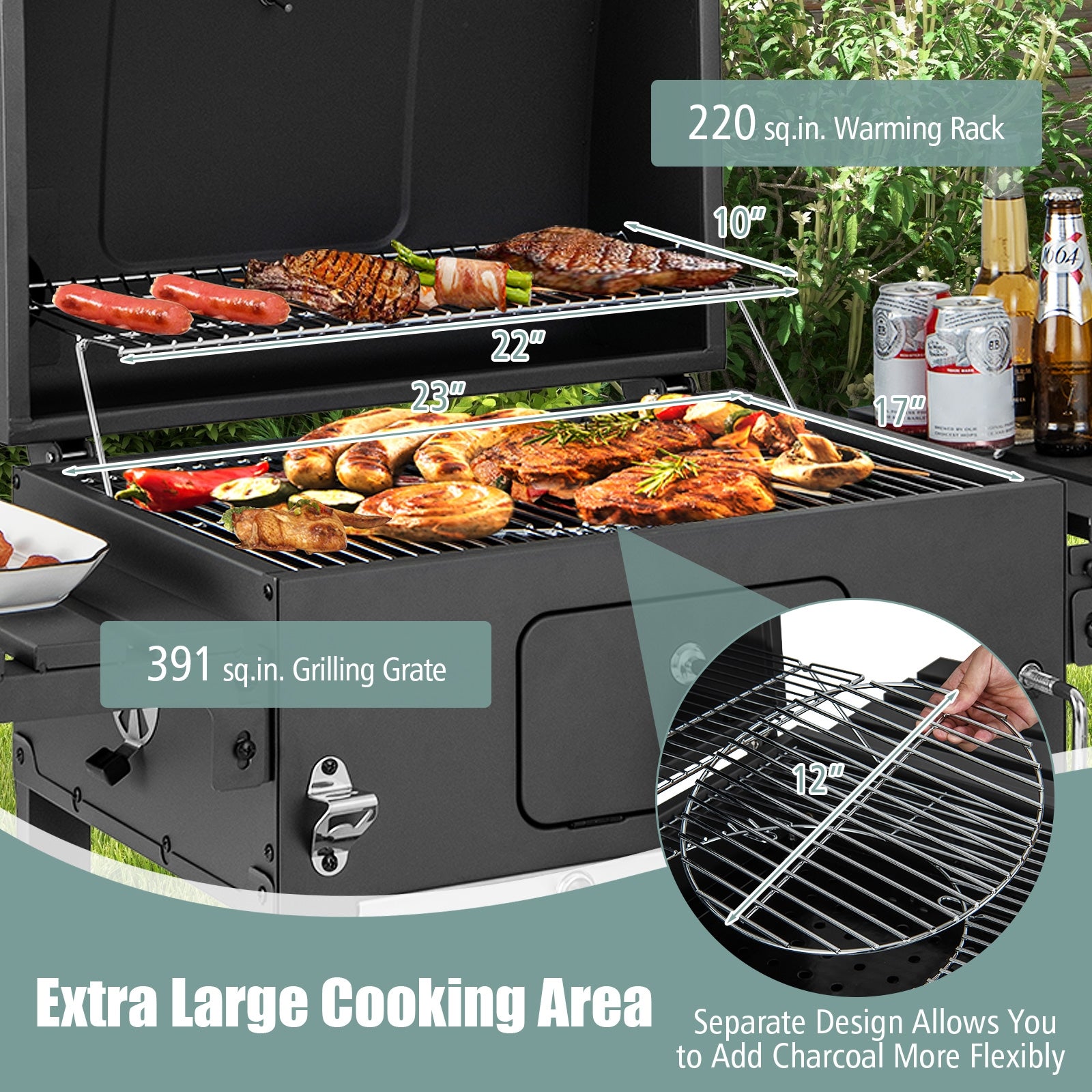 Outdoor BBQ Charcoal Grill with 2 Foldable Side Table and Wheels, Black Outdoor Grills at Gallery Canada