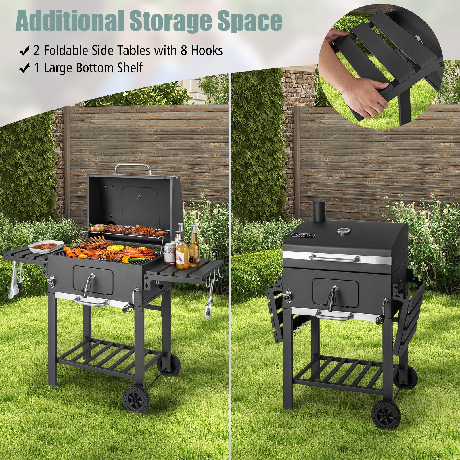 Outdoor BBQ Charcoal Grill with 2 Foldable Side Table and Wheels, Black Outdoor Grills at Gallery Canada