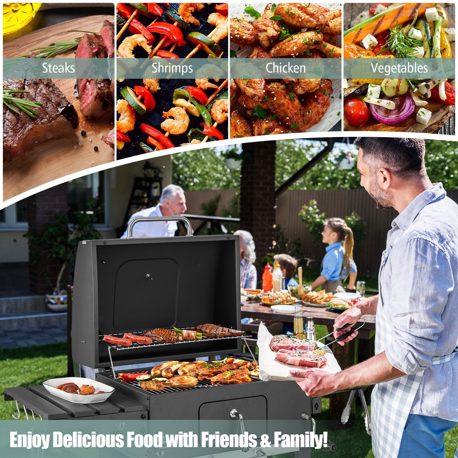 Outdoor BBQ Charcoal Grill with 2 Foldable Side Table and Wheels, Black Outdoor Grills at Gallery Canada