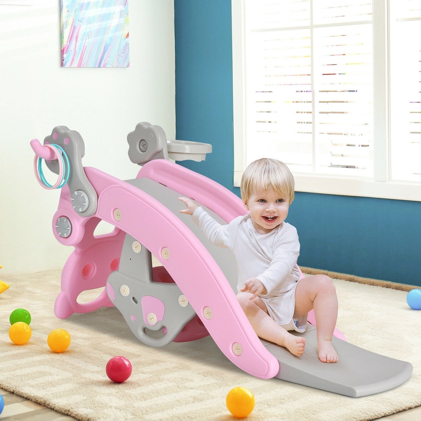 4-in-1 Toddler Slide and Rocking Horse Playset with Basketball Hoop, Pink Climbers & Slides   at Gallery Canada