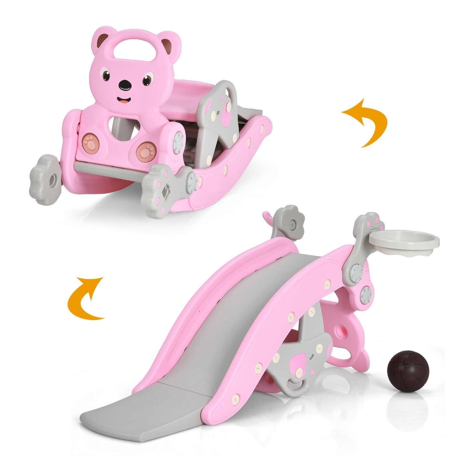 4-in-1 Toddler Slide and Rocking Horse Playset with Basketball Hoop, Pink Climbers & Slides   at Gallery Canada