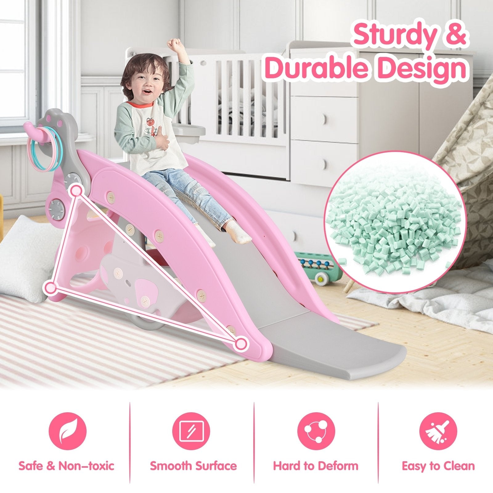 4-in-1 Toddler Slide and Rocking Horse Playset with Basketball Hoop, Pink Climbers & Slides   at Gallery Canada