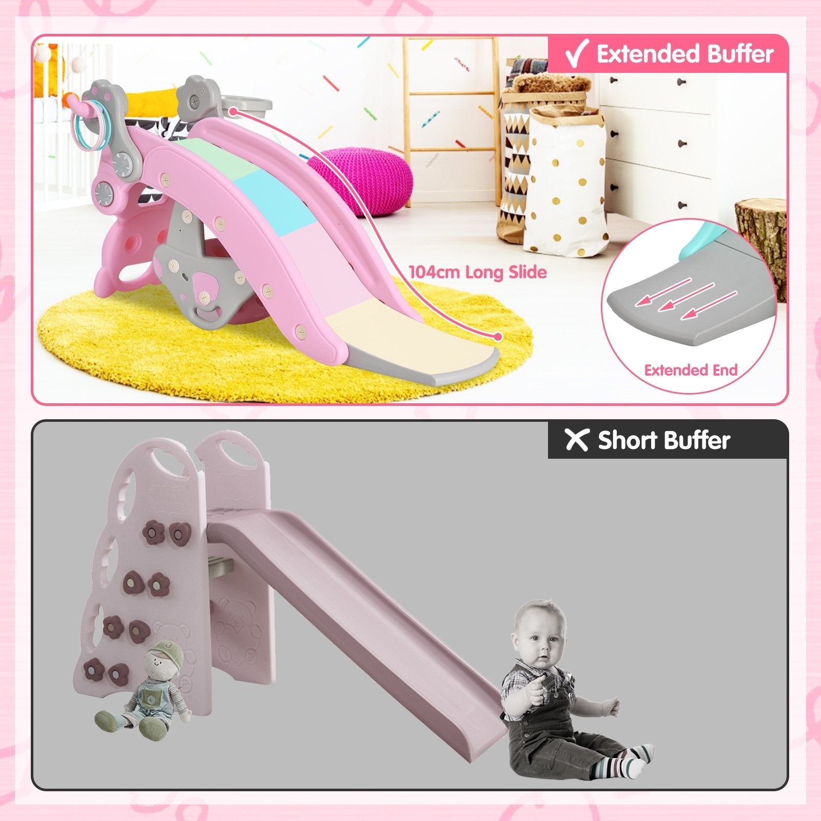 4-in-1 Toddler Slide and Rocking Horse Playset with Basketball Hoop, Pink Climbers & Slides   at Gallery Canada