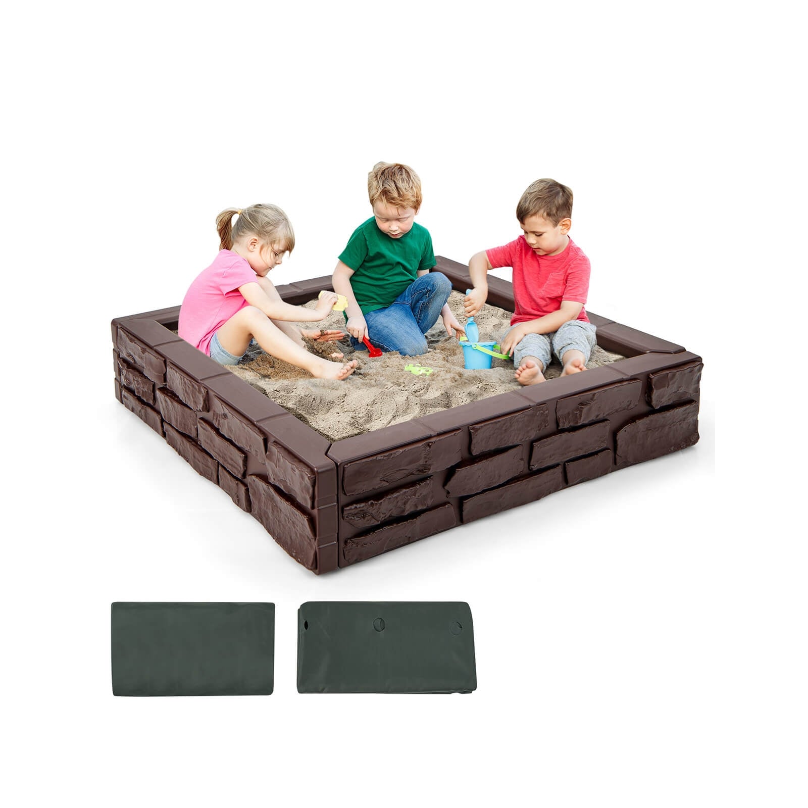 2-In-1 HDPE Kids Sandbox with Cover and Bottom Liner, Brown Sandboxes at Gallery Canada