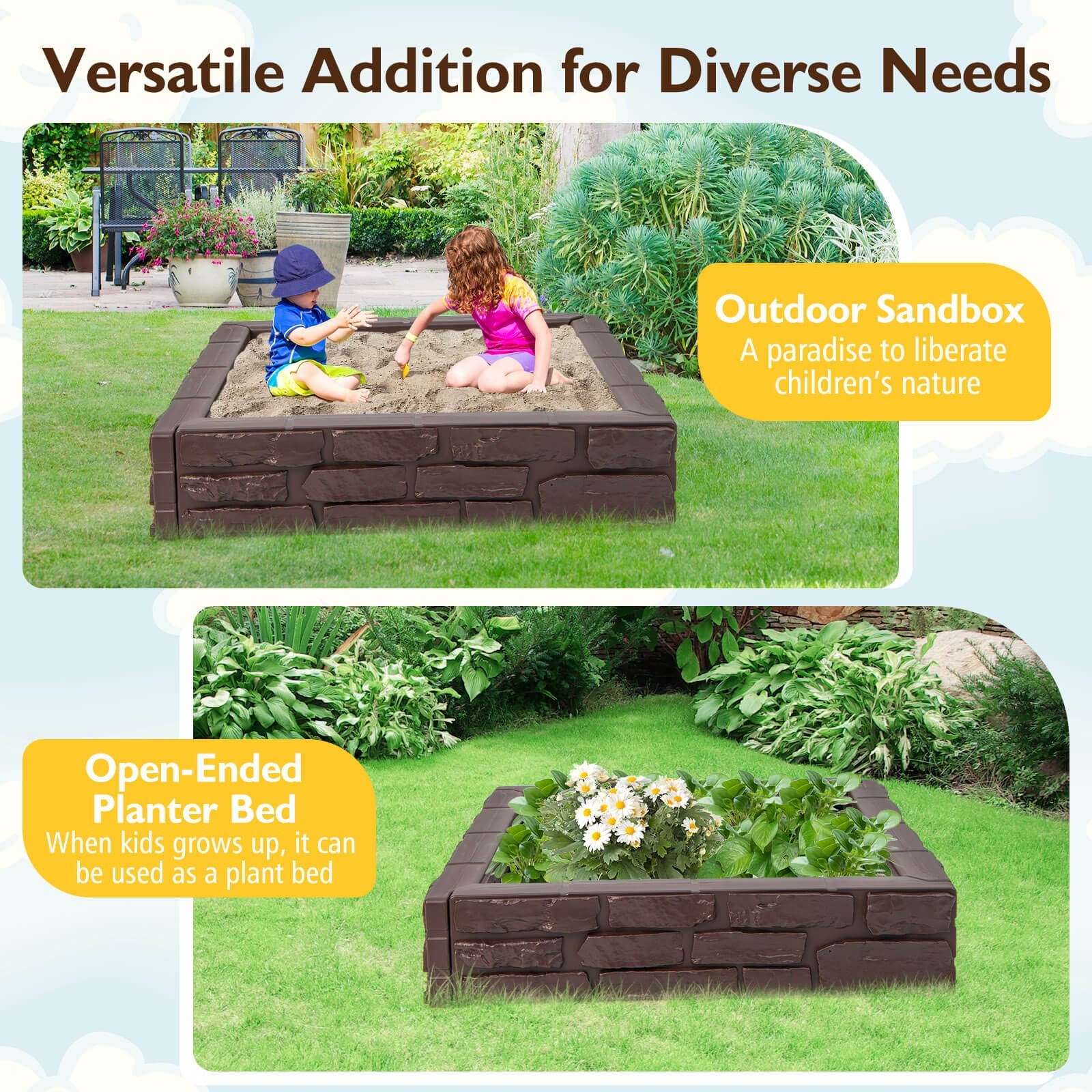 2-In-1 HDPE Kids Sandbox with Cover and Bottom Liner, Brown Sandboxes at Gallery Canada