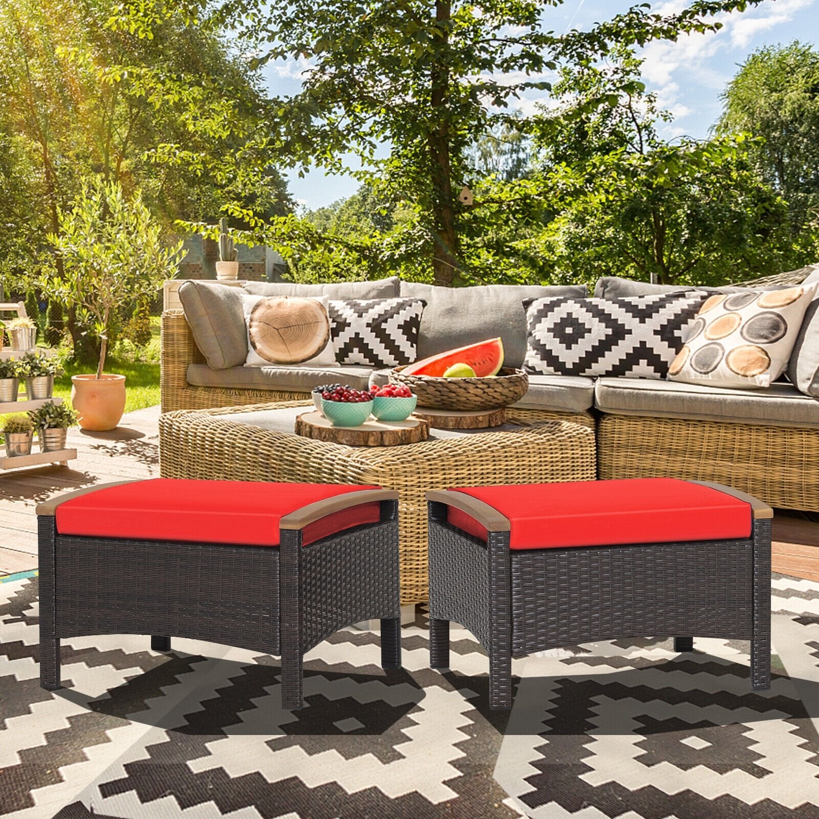 Set of 2 Fade-Resistant Wicker Patio Ottoman, Red Outdoor Seating & Patio Chairs   at Gallery Canada