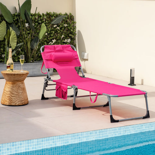 Folding Beach Lounge Chair with Pillow for Outdoor, Pink