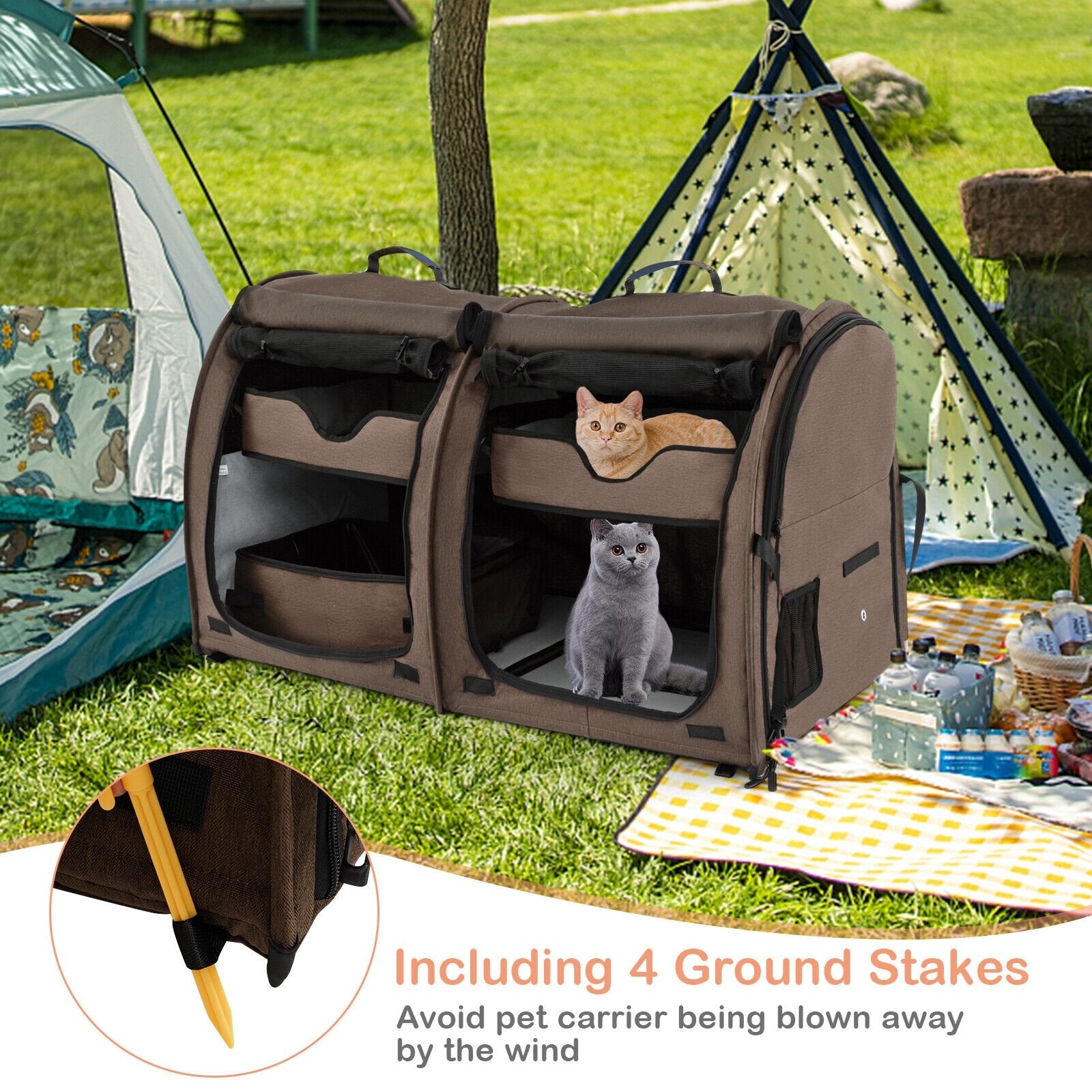 Double Compartment Pet Carrier with 2 Removable Hammocks, Brown Cat Supplies   at Gallery Canada