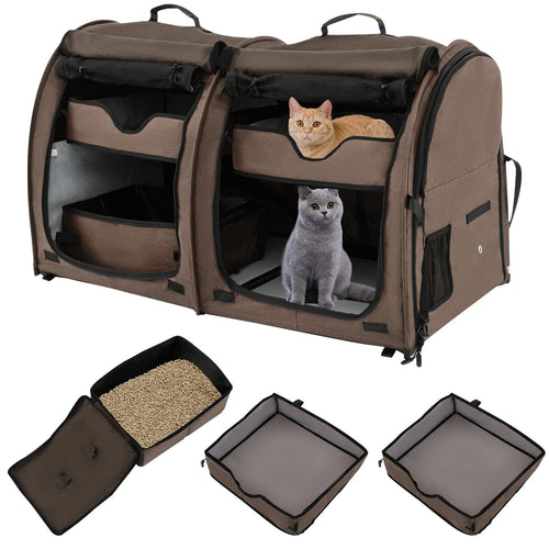 Double Compartment Pet Carrier with 2 Removable Hammocks, Brown