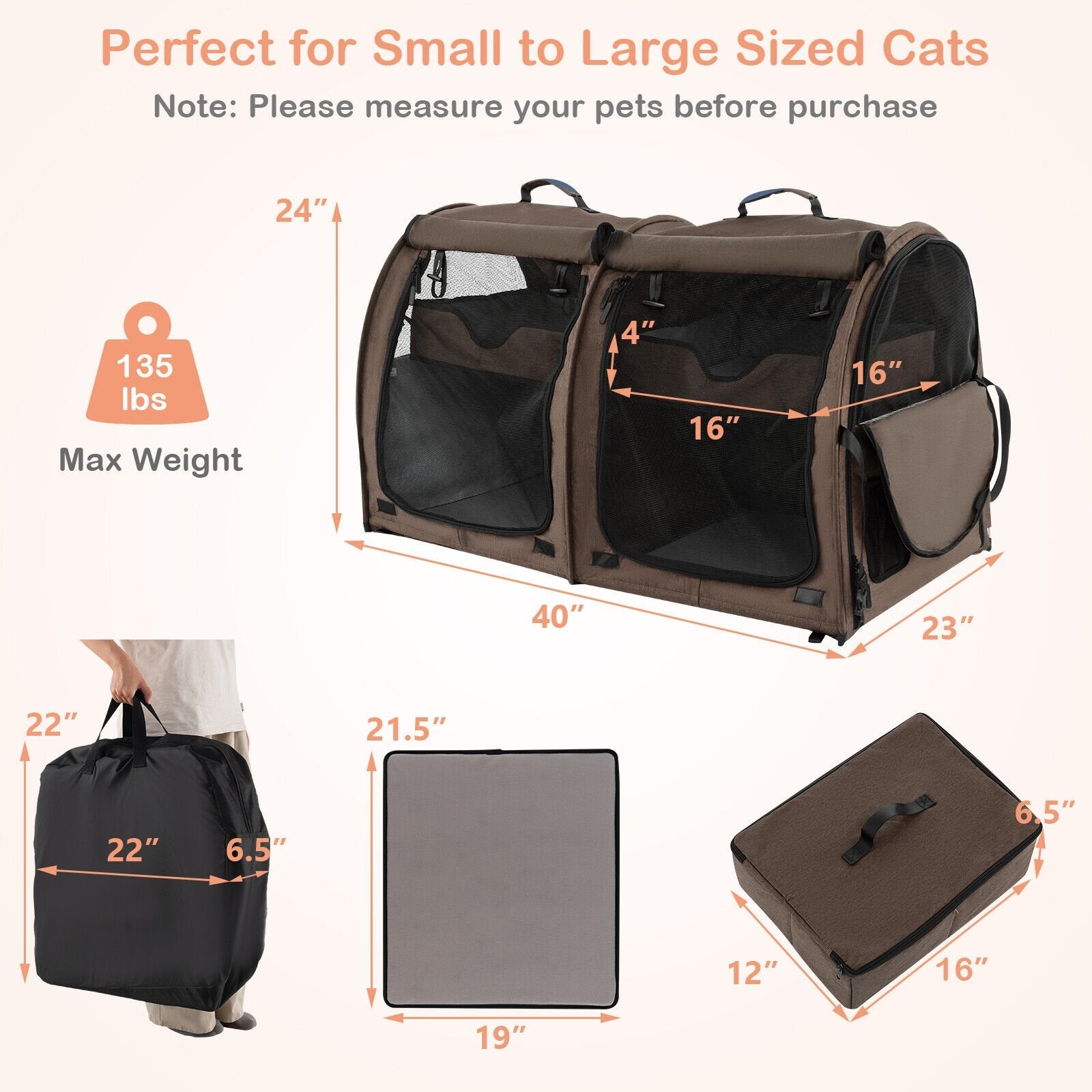 Double Compartment Pet Carrier with 2 Removable Hammocks, Brown Cat Supplies   at Gallery Canada