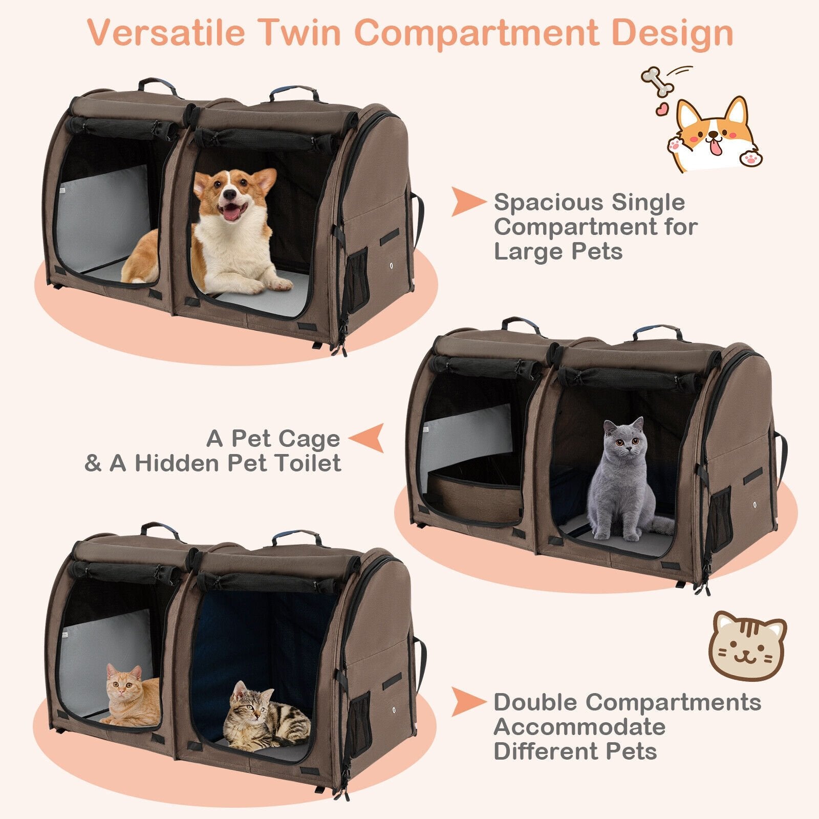 Double Compartment Pet Carrier with 2 Removable Hammocks, Brown Cat Supplies   at Gallery Canada