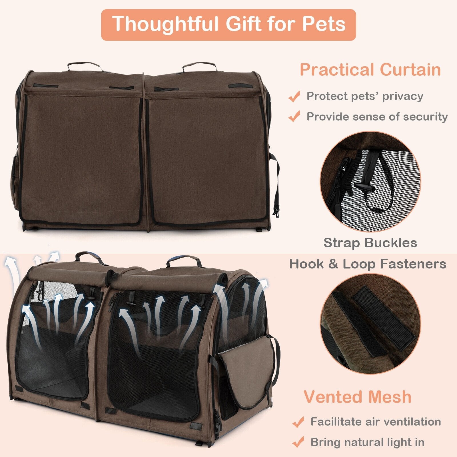 Double Compartment Pet Carrier with 2 Removable Hammocks, Brown Cat Supplies   at Gallery Canada