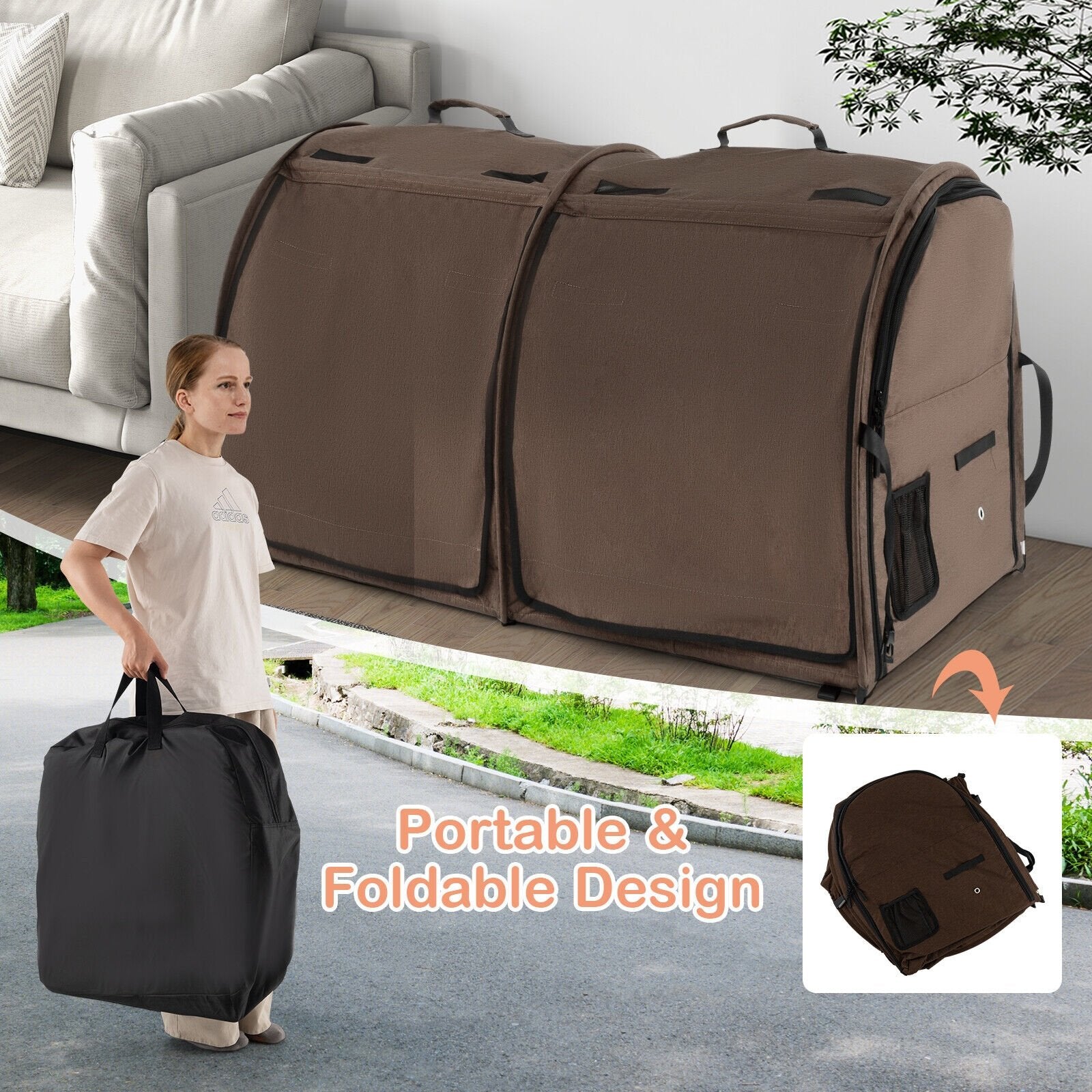 Double Compartment Pet Carrier with 2 Removable Hammocks, Brown Cat Supplies   at Gallery Canada