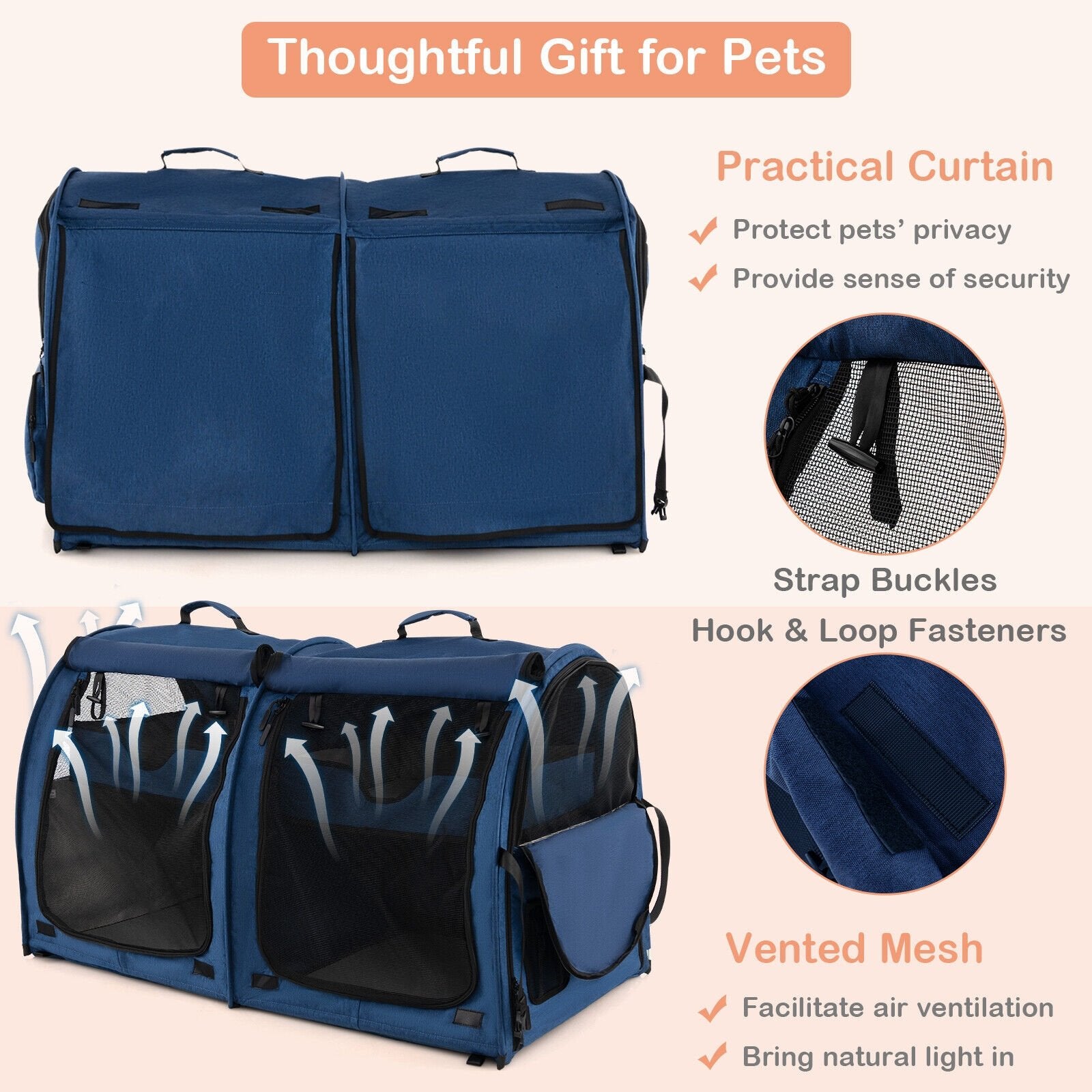 Double Compartment Pet Carrier with 2 Removable Hammocks, Navy Cat Supplies   at Gallery Canada