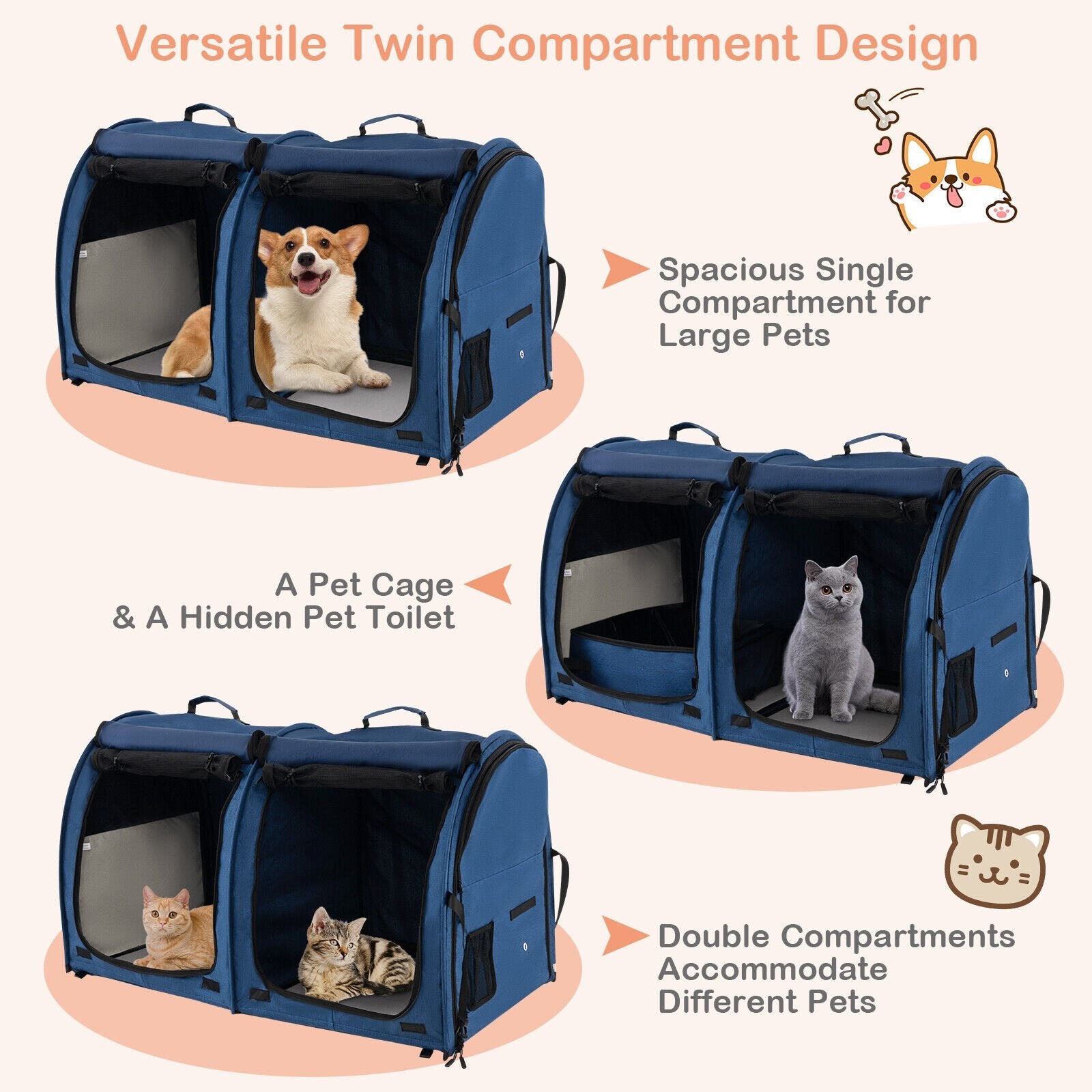 Double Compartment Pet Carrier with 2 Removable Hammocks, Navy Cat Supplies   at Gallery Canada