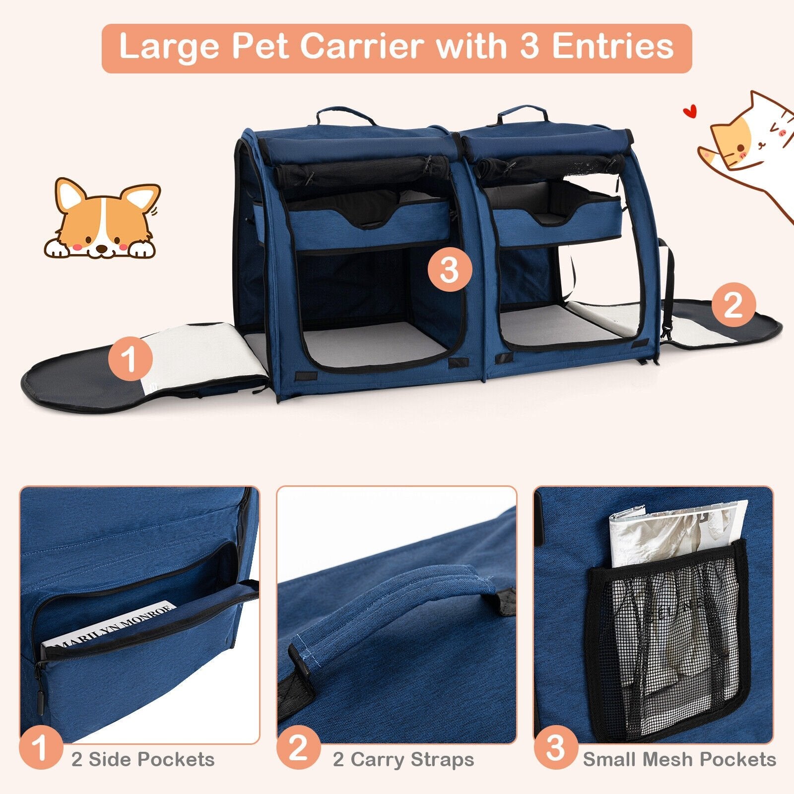 Double Compartment Pet Carrier with 2 Removable Hammocks, Navy Cat Supplies   at Gallery Canada