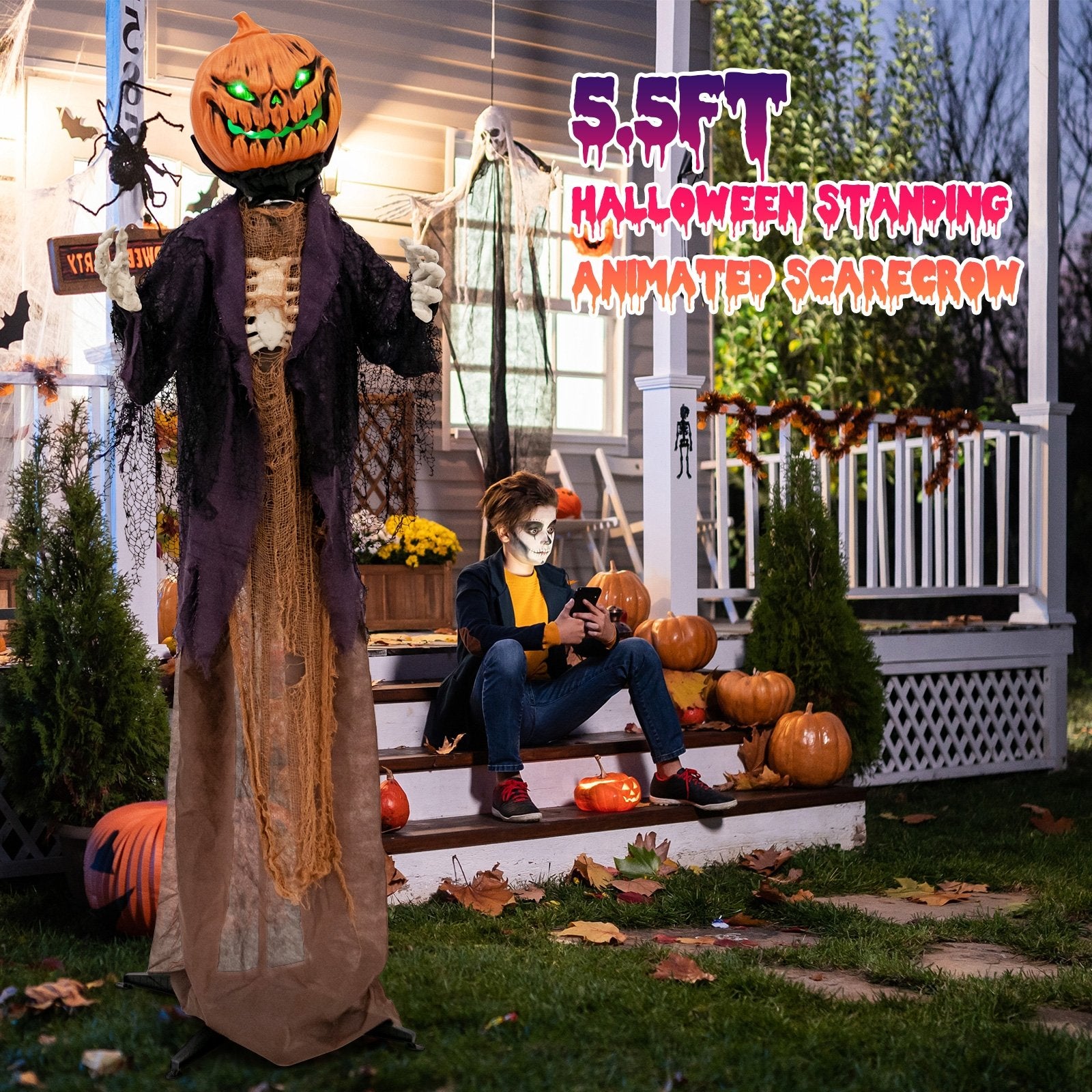 5.6 Feet Halloween Animated Standing Pumpkin Scarecrow, Multicolor Halloween   at Gallery Canada