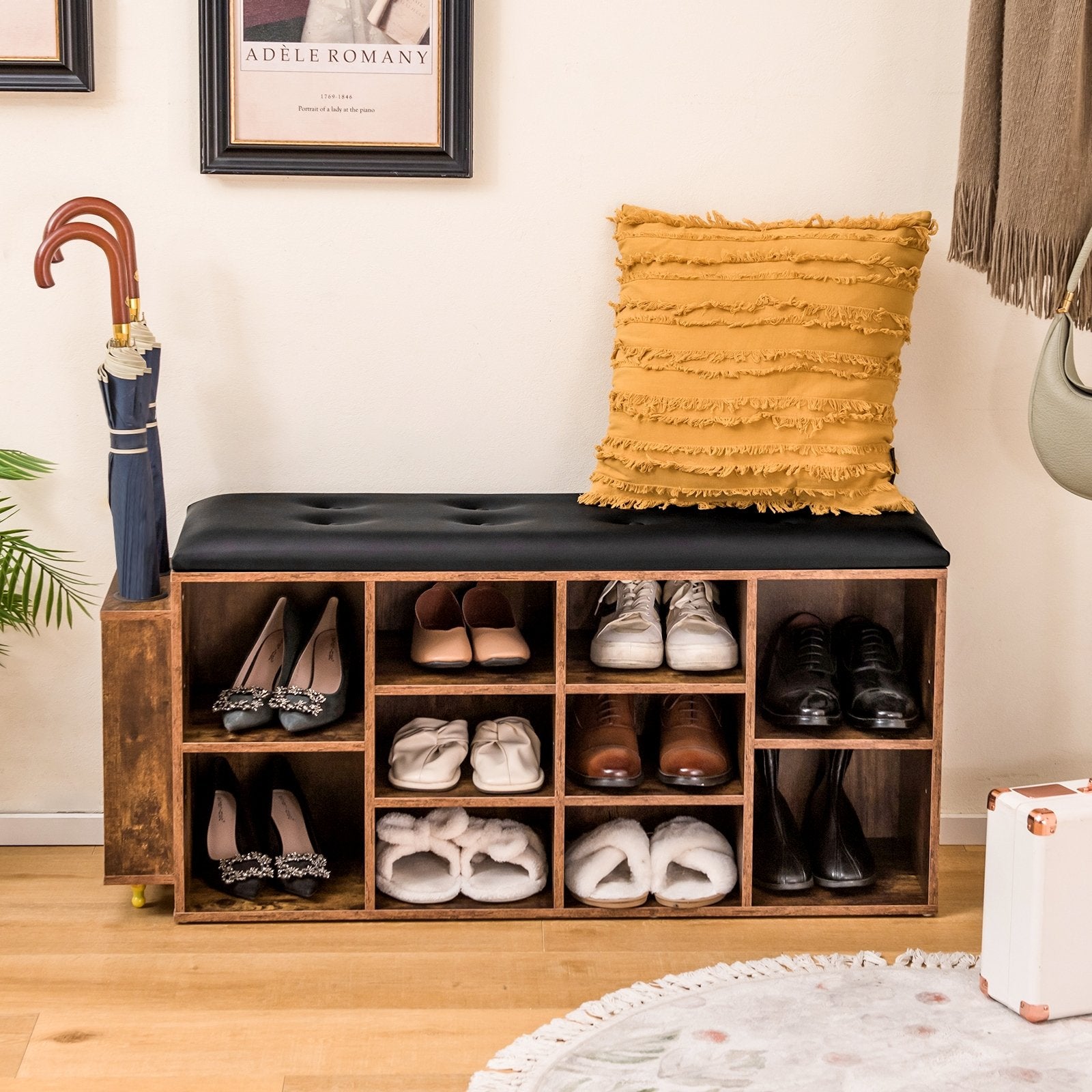 Shoe Storage Bench with Umbrella Stand and Adjustable Shelf, Rustic Brown Shoe Racks & Storage Benches   at Gallery Canada