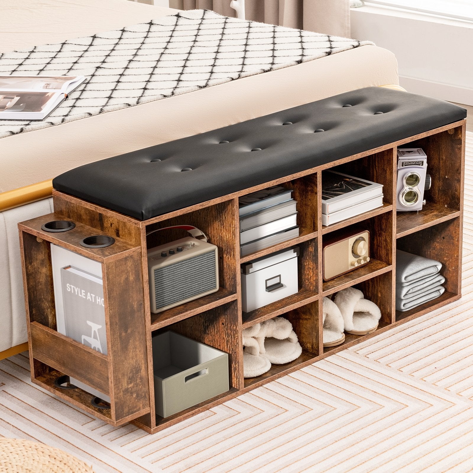 Shoe Storage Bench with Umbrella Stand and Adjustable Shelf, Rustic Brown Shoe Racks & Storage Benches   at Gallery Canada