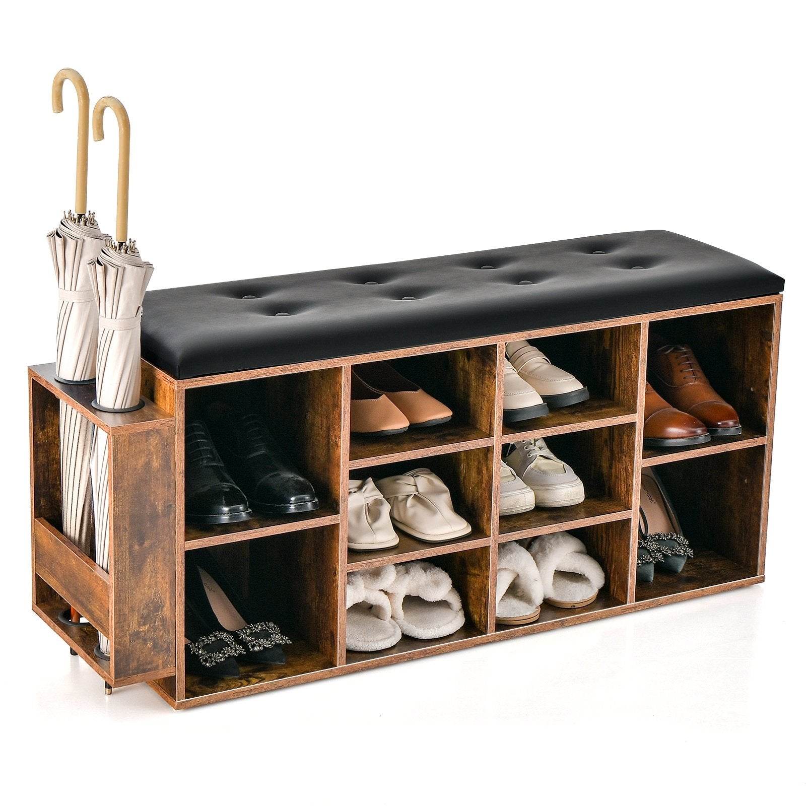 Shoe Storage Bench with Umbrella Stand and Adjustable Shelf, Rustic Brown Shoe Racks & Storage Benches   at Gallery Canada