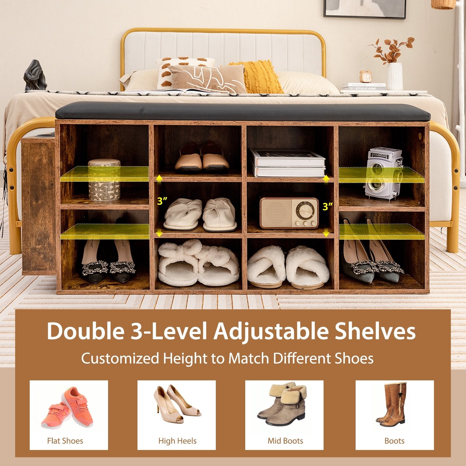 Shoe Storage Bench with Umbrella Stand and Adjustable Shelf, Rustic Brown Shoe Racks & Storage Benches   at Gallery Canada