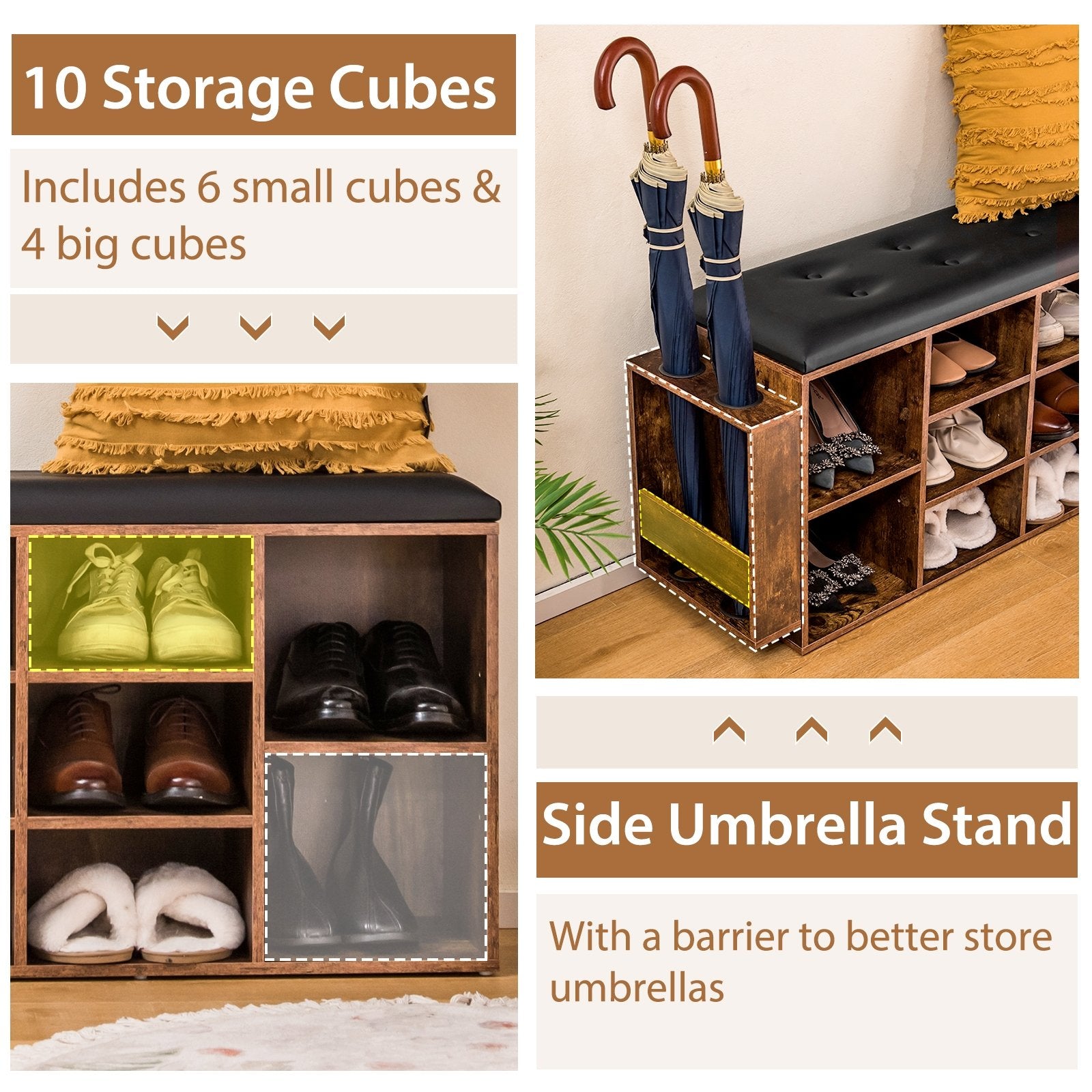 Shoe Storage Bench with Umbrella Stand and Adjustable Shelf, Rustic Brown Shoe Racks & Storage Benches   at Gallery Canada