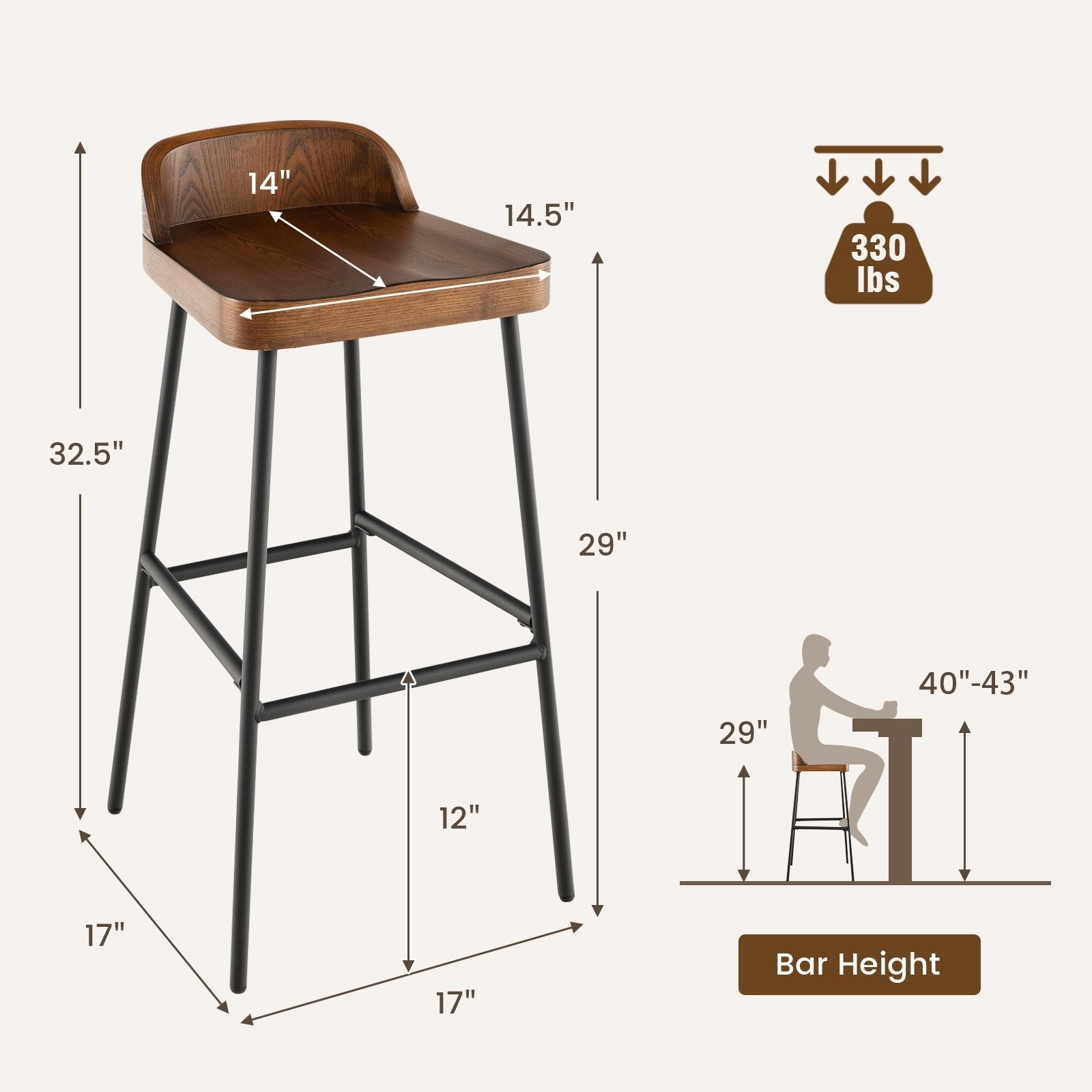 Set of 1/2 29 Inch Industrial Bar Stools with Low Back and Footrests-1 Piece, Rustic Brown Bar Stools   at Gallery Canada