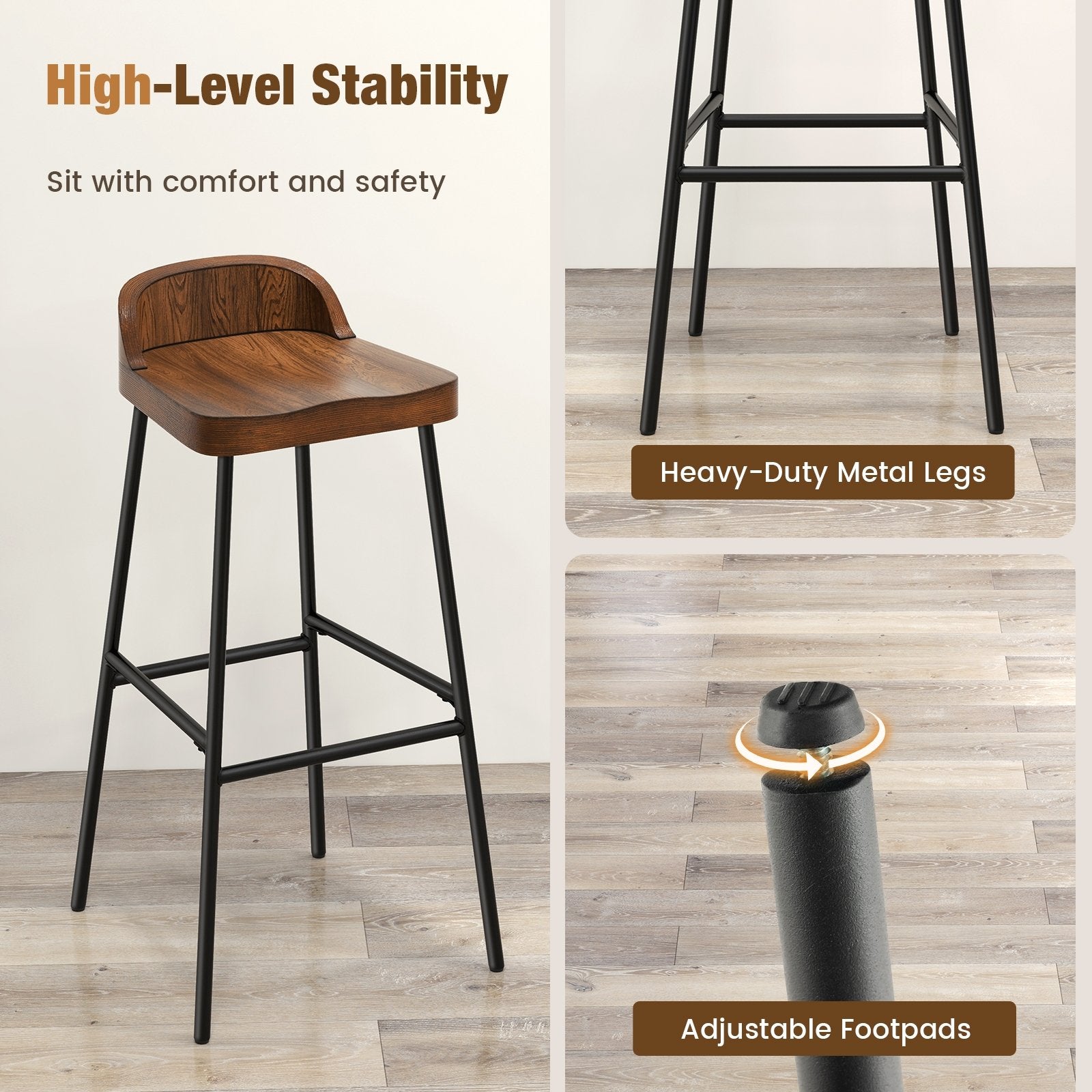 Set of 1/2 29 Inch Industrial Bar Stools with Low Back and Footrests-1 Piece, Rustic Brown Bar Stools   at Gallery Canada