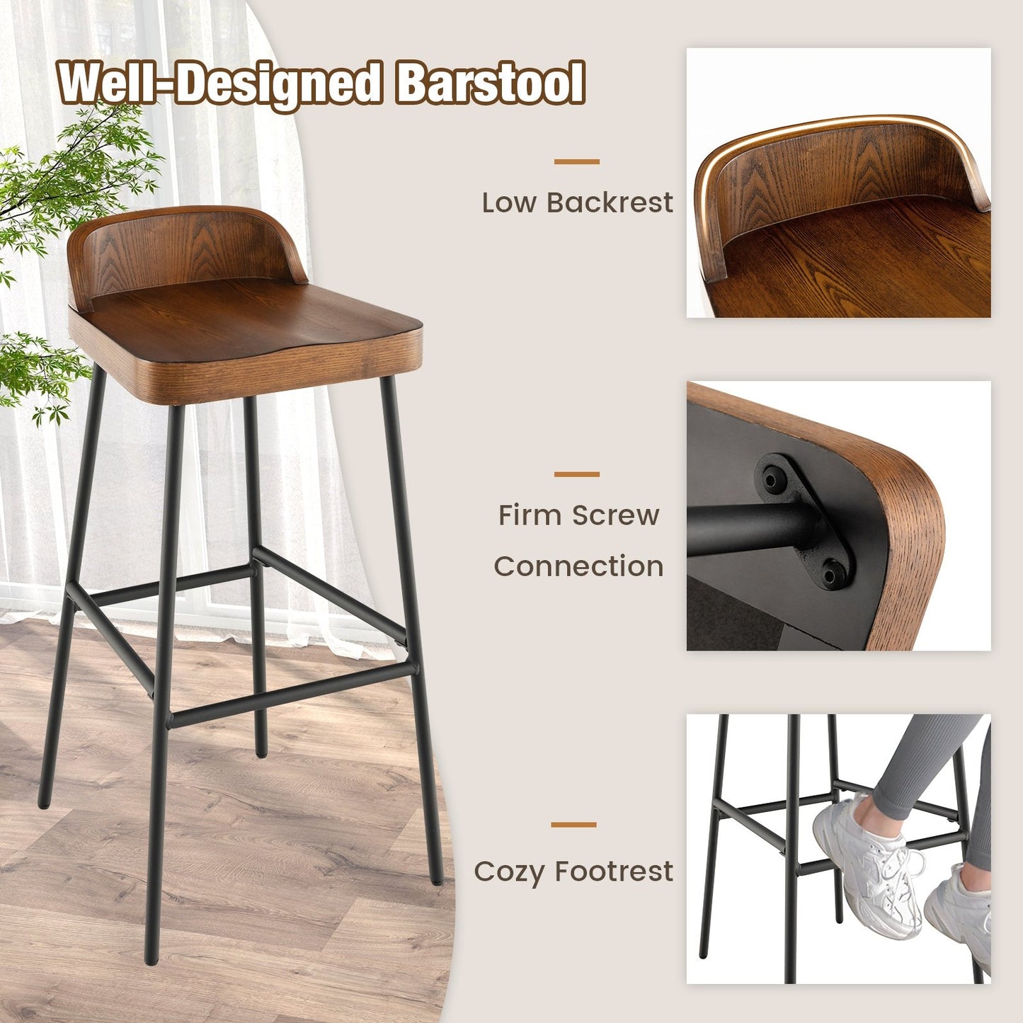 Set of 1/2 29 Inch Industrial Bar Stools with Low Back and Footrests-1 Piece, Rustic Brown Bar Stools   at Gallery Canada