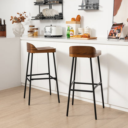 Set of 1/2 29 Inch Industrial Bar Stools with Low Back and Footrests-Set of 2, Rustic Brown Bar Stools   at Gallery Canada