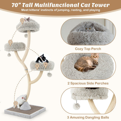 70" Tall Cat Tree 4-Layer Cat Tower with 3 Perches and Dangling Balls, Gray Cat Trees Condos & Scratchers   at Gallery Canada