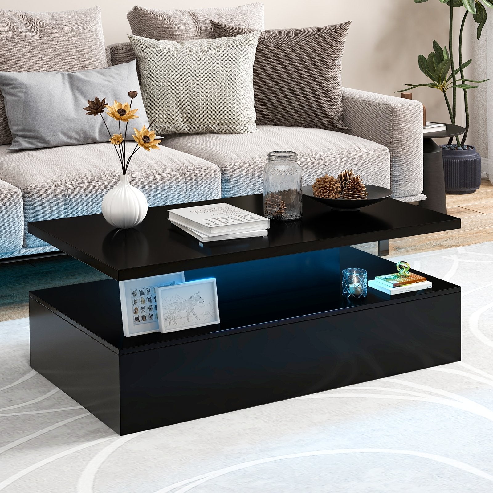 Modern 2-tier High Glossy Table with Adjustable Light Colors for Living Room, Black Coffee Tables   at Gallery Canada