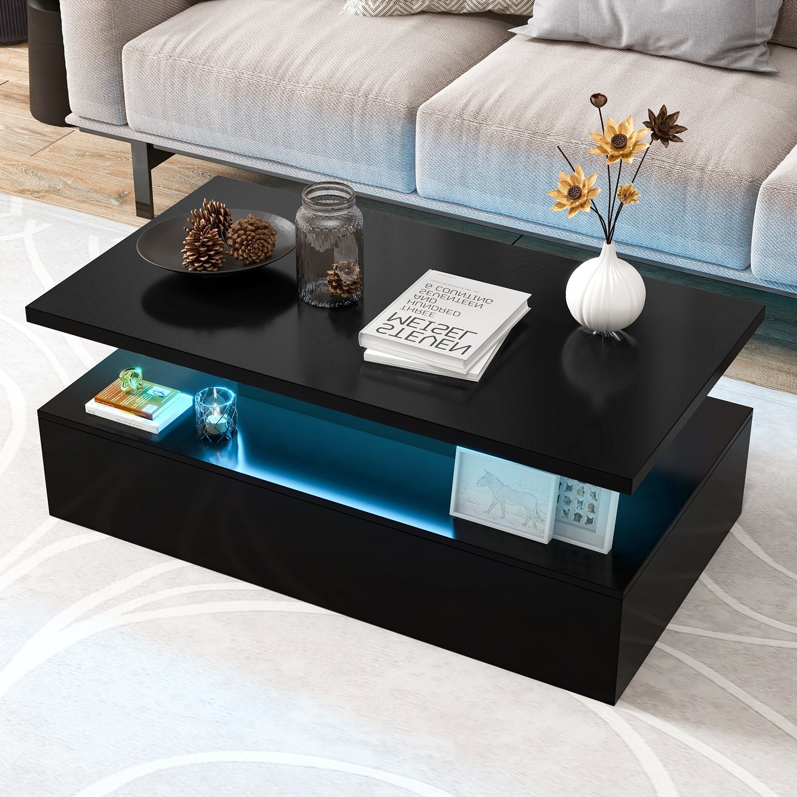 Modern 2-tier High Glossy Table with Adjustable Light Colors for Living Room, Black Coffee Tables   at Gallery Canada