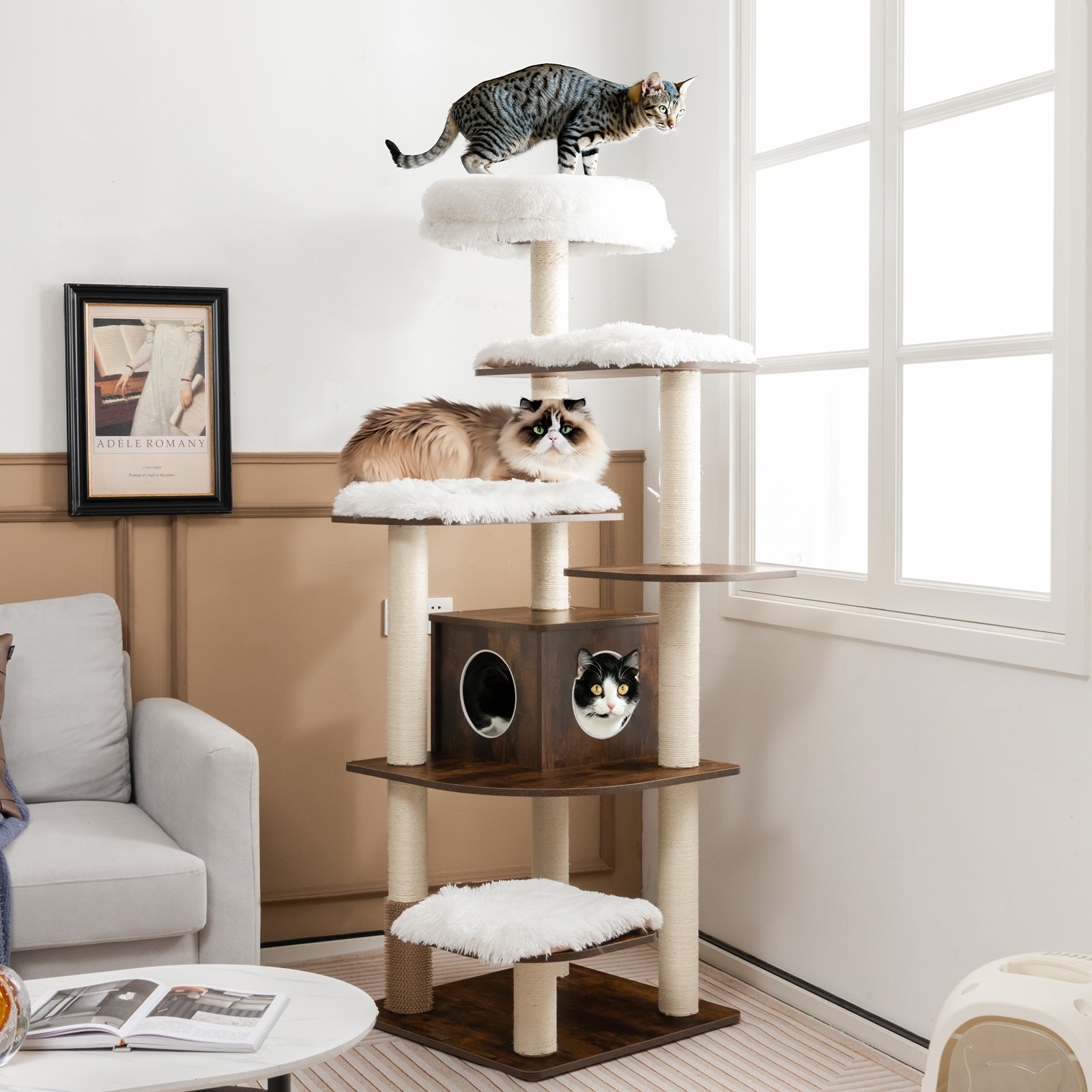 7-Layer Wooden Cat Tree Tall Cat Tower with Sisal Posts and Condo, Brown Cat Trees Condos & Scratchers   at Gallery Canada