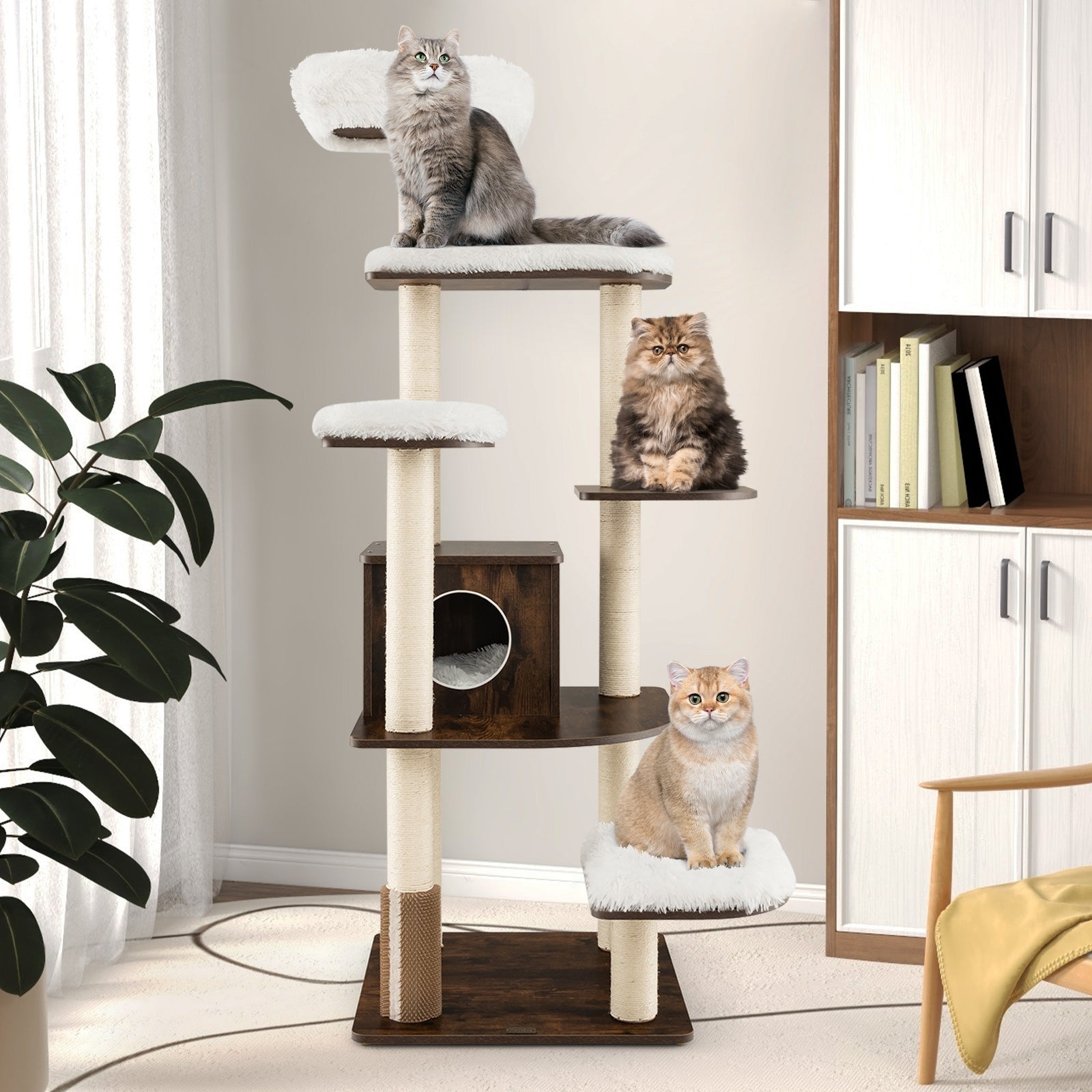 7-Layer Wooden Cat Tree Tall Cat Tower with Sisal Posts and Condo, Brown Cat Trees Condos & Scratchers   at Gallery Canada