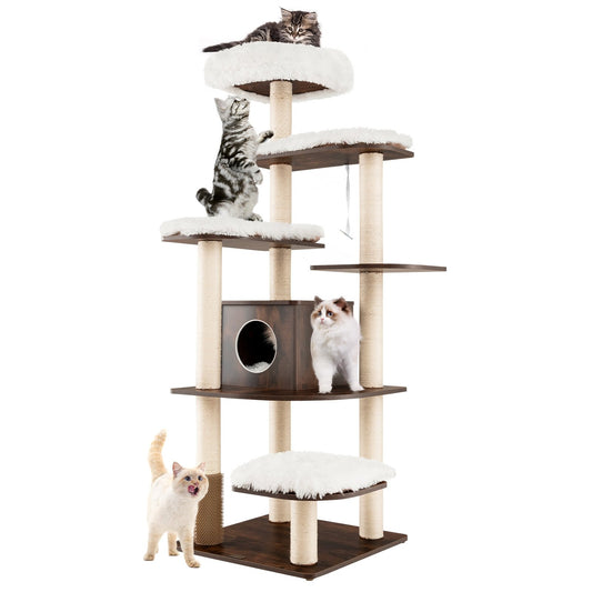 7-Layer Wooden Cat Tree Tall Cat Tower with Sisal Posts and Condo, Brown Cat Trees Condos & Scratchers Brown  at Gallery Canada