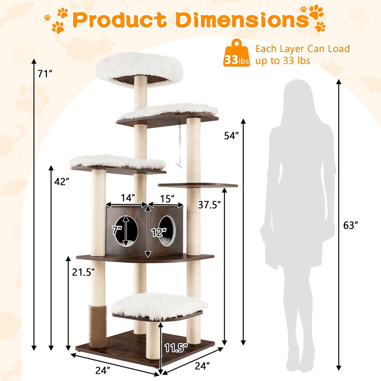 7-Layer Wooden Cat Tree Tall Cat Tower with Sisal Posts and Condo, Brown Cat Trees Condos & Scratchers   at Gallery Canada